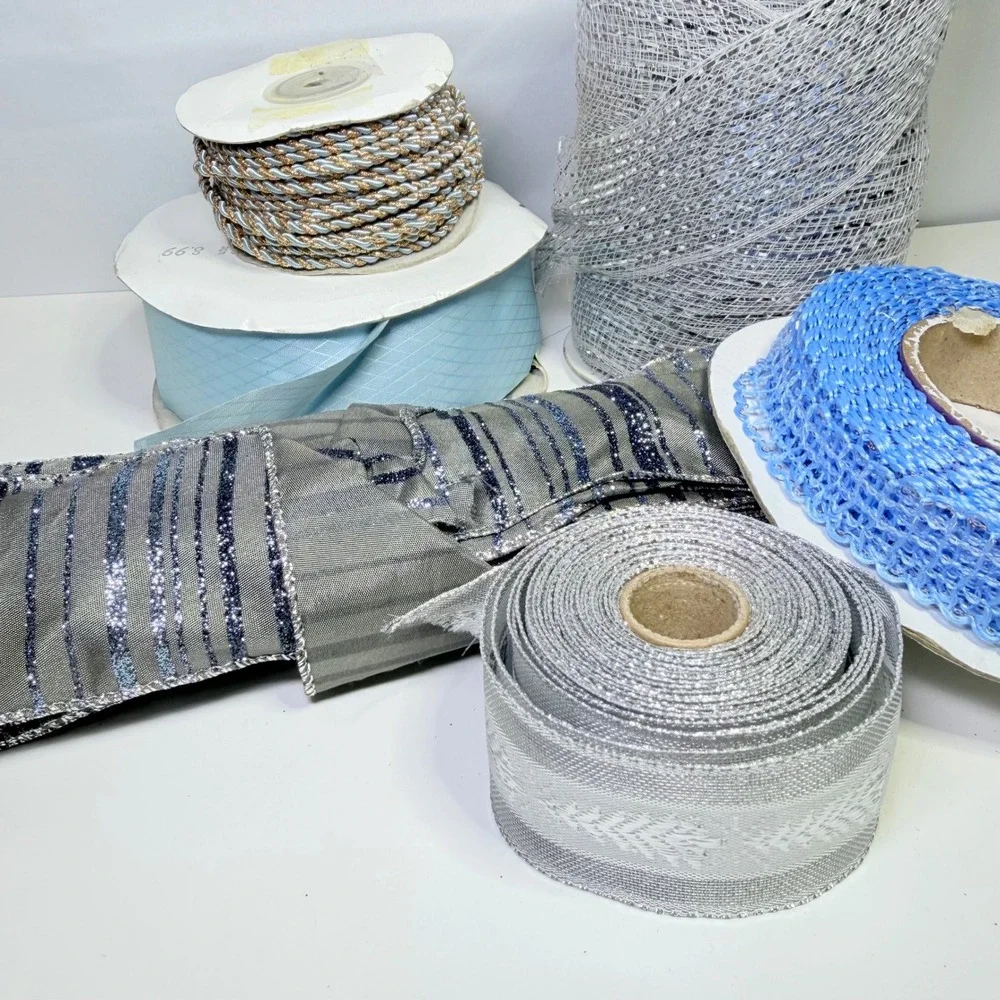 Blue Silver Craft Ribbon Trim Lot Deco Mesh Braided Cord Metallic 6pc Crafting